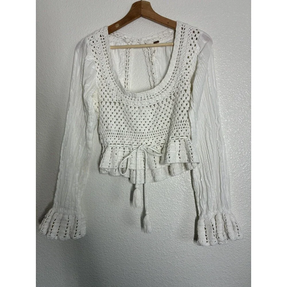 Free People Megan Crochet Top Womens Small White Cropped Bell Sleeve Boho Top